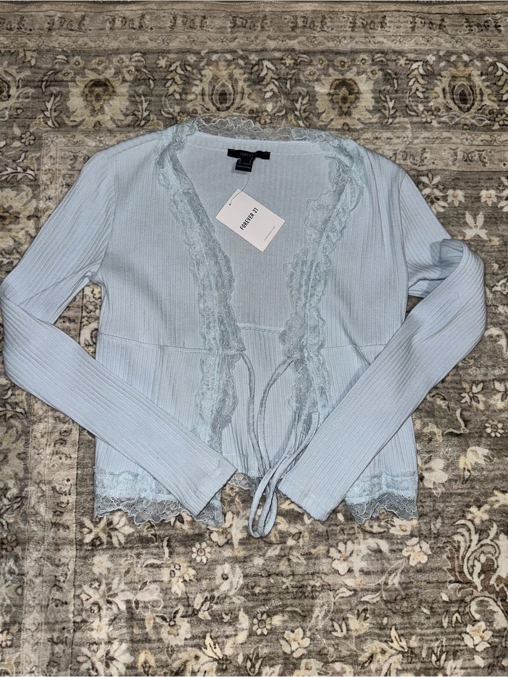 Forever 21 Pale Blue Lace-Trim Tie-Front Ribbed Cardigan